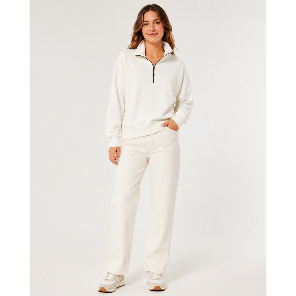 Women Cream Mock Neck Quarter Zip Pullover Size L Modal Neutral Layering Pockets